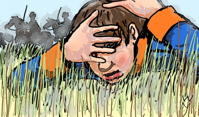 
 Cavalry charge past Drummer-boy May at the Battle of Waterloo