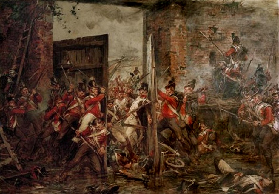 
 closing the gates at hougoumont by robert gobb 1903 , waterloo-napoleon 1815 wellington blucher victory napoleon hundred days campaign